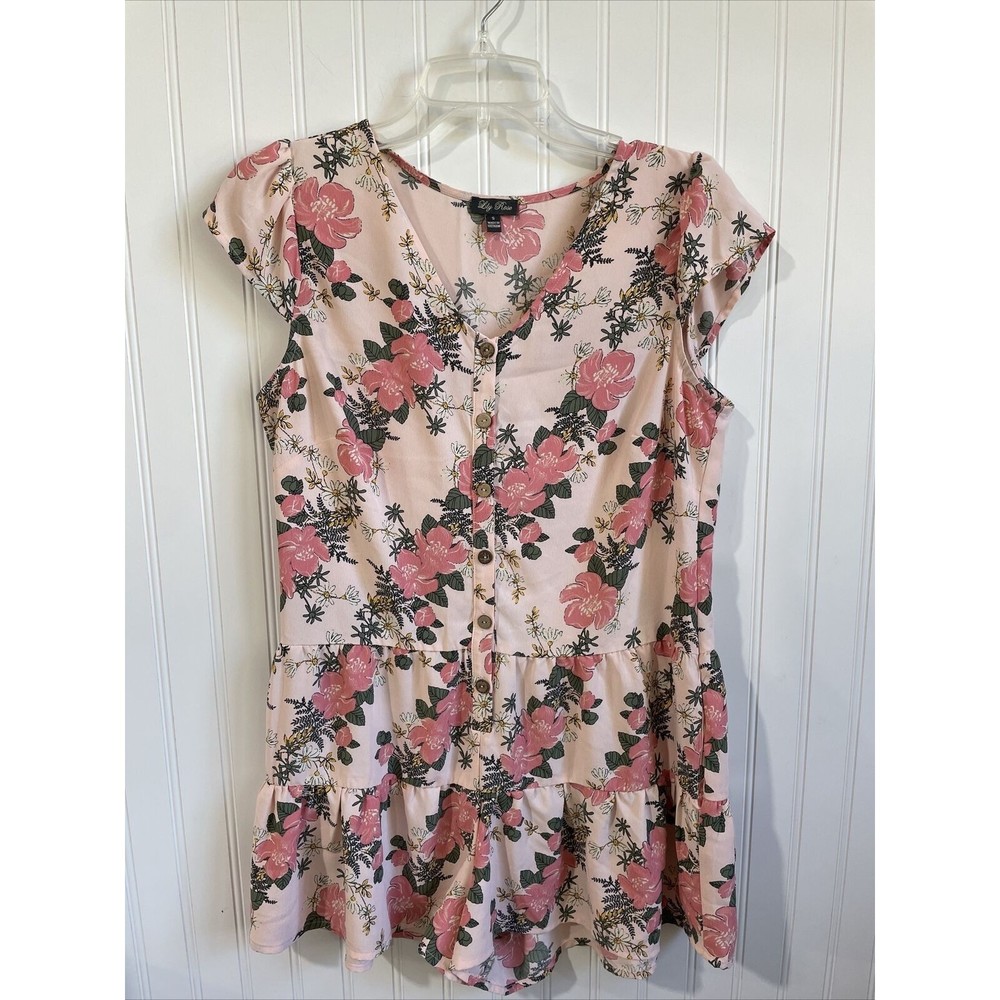Lily Rose Romper Womens Small Pink Floral Shorts Buttons V Neck Pockets